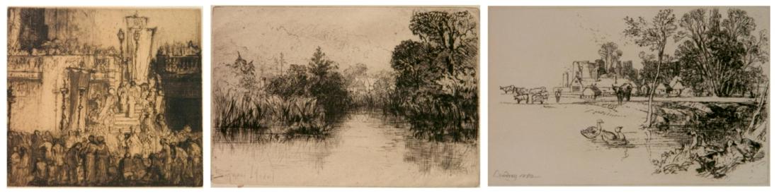 2 European etchings: 2 European etchings- 1.) Sir Frank William Brangwyn (British 1867-1956)- ''Religious Procession Genoa''- 1924, signed in pencil, slightly light struck, a few spots of foxing in margins and old glue re