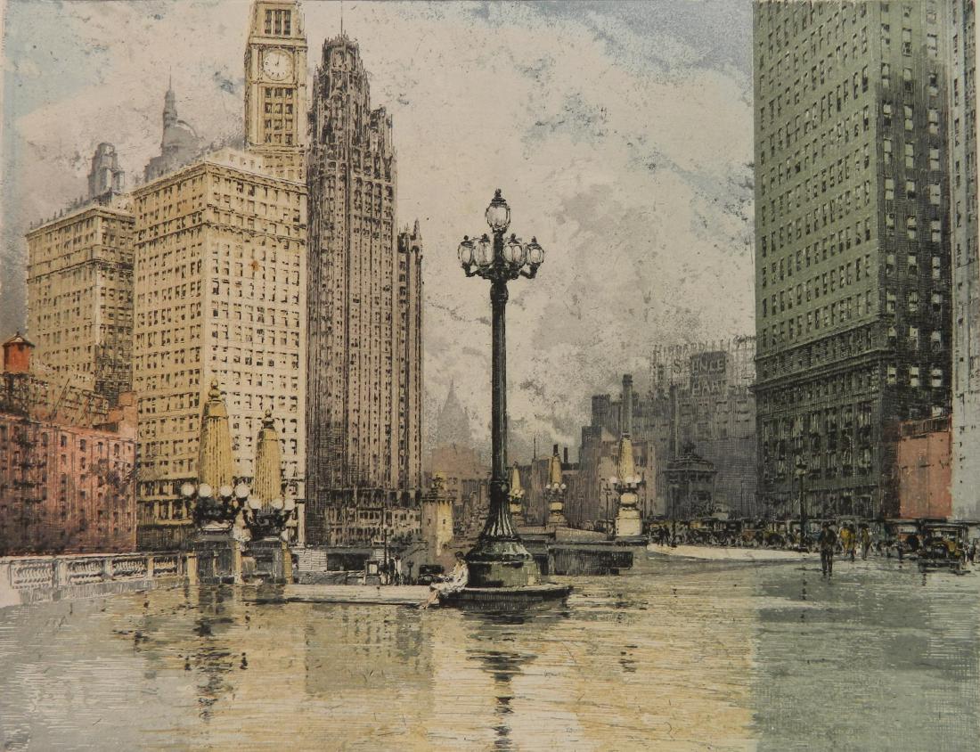 Luigi Kasimir etching, soft ground and aquatint: Luigi Kasimir (Austrian 1881-1962)- ''Wacker Drive, Chicago'' (Kasimir 504)- etching, soft ground and aquatint in color, signed in pencil by the son. 14 1/8 x 18''