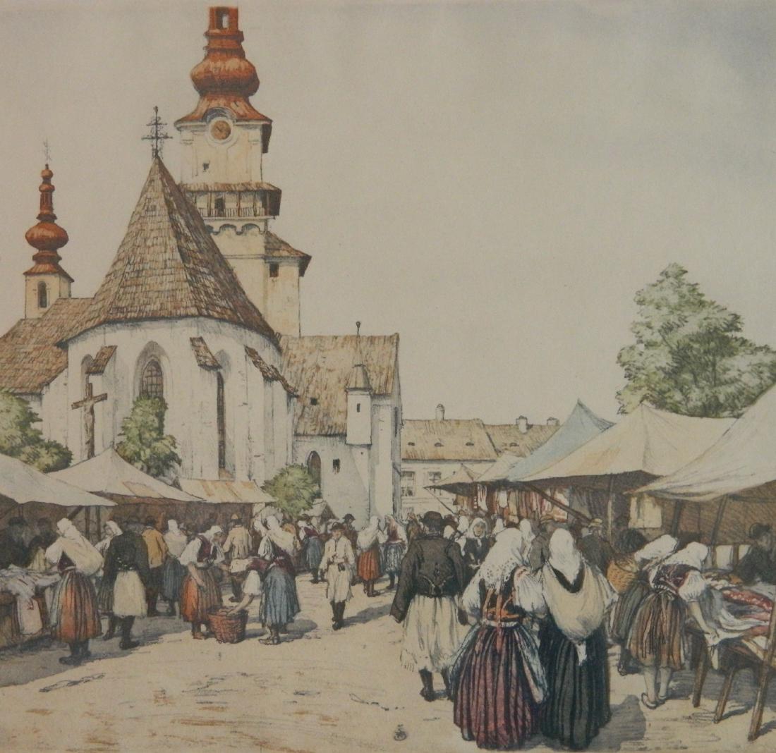 Tavik F. Simon soft-ground and aquatint: Tavik F. Simon (Czech 1877-1942)- ''Market in Zvolen, Slovakia'' (Novak 421)- soft-ground and aquatint in color, 1925, signed and numbered 188 in pencil, artist's green stamp, edition of 290. 13 5/8 x