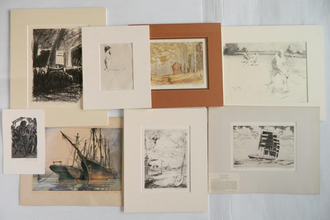 8 Prints: 8 Prints- 1.) Fritz Eichenberg wood engraving; 2.) Frederick L. Owen- ''Deep Sea Harmony''- etching; 3.) John A. Noble- ''Ships at Anchor''- lithograph; 4.) Herbert Lespinasse- Marine Scene- etching; 