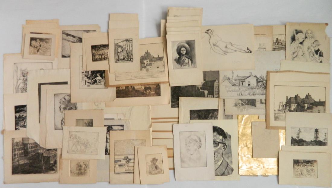 55+ American drawings and etchings: 20th c American School- 55+ drawings and etchings including pen and inks by Paul Ulen and proofs by Jean Ulen and Paul Winchell, various sizes and conditions.