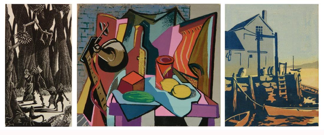 3 American prints: 3 American prints- 1.) Lou Barlow (20th c.)- ''Hansel & Gretel''- wood engraving, c. 1940, signed, titled and numbered 12/25 in pencil; 2.) Gladys Wilkins Murphy (1907-1985)- ''Fish Pier''- woodcut in