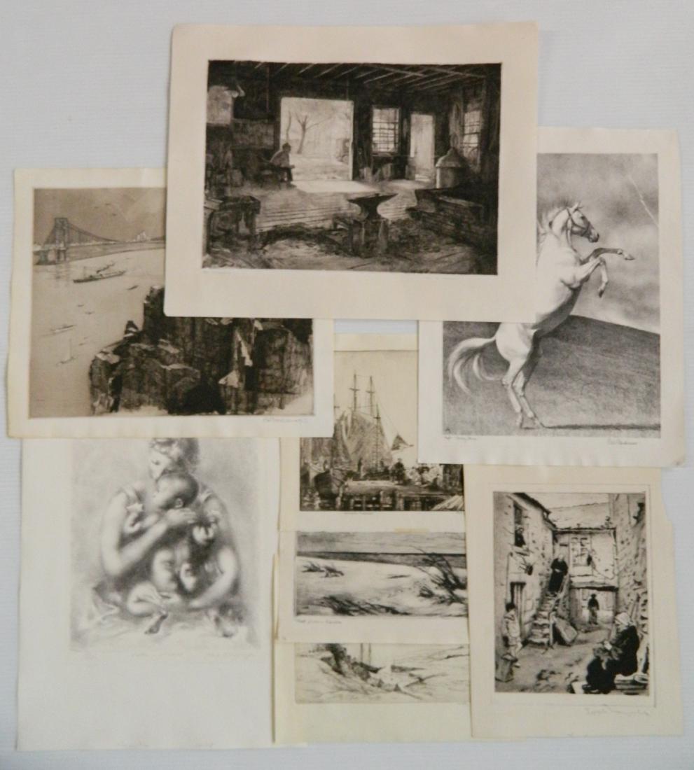 8 American Associated Artists prints: 8 American Associated Artists prints- 1.) and 2.) C. W. Anderson- Changing Times- etching; Coming Storm- lithograph; 3.) A. A. Blum- Abigail Jones Prop- etching; 4.) Marion Greenwood- ''Girl''- lithog