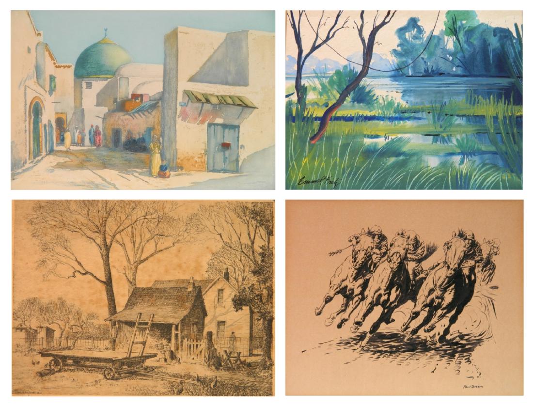 4 Works on paper: 4 Works on paper- 1.) Paul Brown (American 1893-1958)- Horse Race- ink on board, signed lower right in ink, 6 x 7 1/2''; 2.) Leon Pescheret (American 20th c.)- ''The Farm''- etching, 1934, signed and 