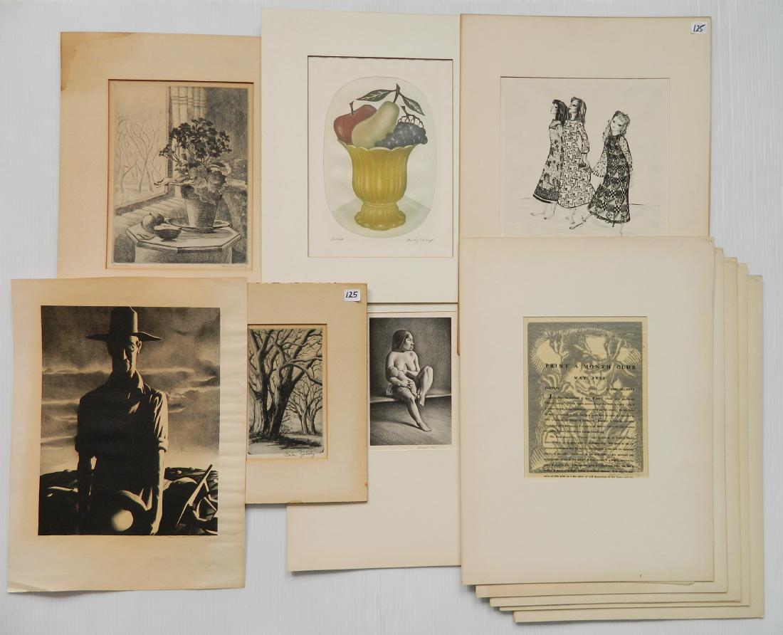 11 Cleveland Print-A-Month Club prints: 11 Cleveland Print-A-Month Club prints- 1.) Honore Guilbeau- ''Still Life''- lithograph, 1934, small tear bottom edge; 2.) Samuel Popkins- ''Cathedral, Seville''- drypoint, 1934; 3.) Walter D. Richard