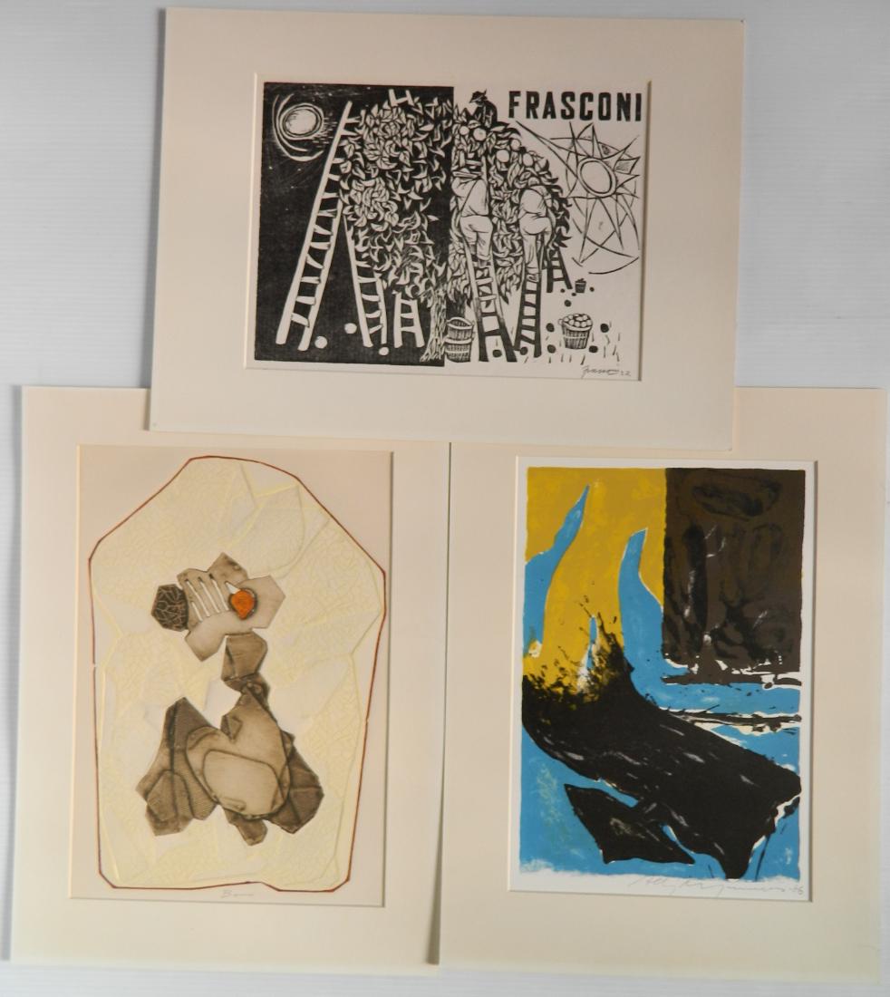3 Print Club of Cleveland prints: 3 Print Club of Cleveland prints- 1.) Paolo Boni (Italian 1926- )- ''Recueillement''- metal relief and intaglio in color, 1966, signed in pencil, publication no. 44, light struck; 2.) Antonio Frasconi