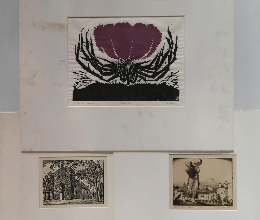 3 American prints: 3 American prints- J. J. Lankes- Church At Jamestown- woodcut; Orville H. Peet- Water Carrier, Portugal- etching; and Dorothy Rutka- Arachnid Flower- woodcut; various sizes.