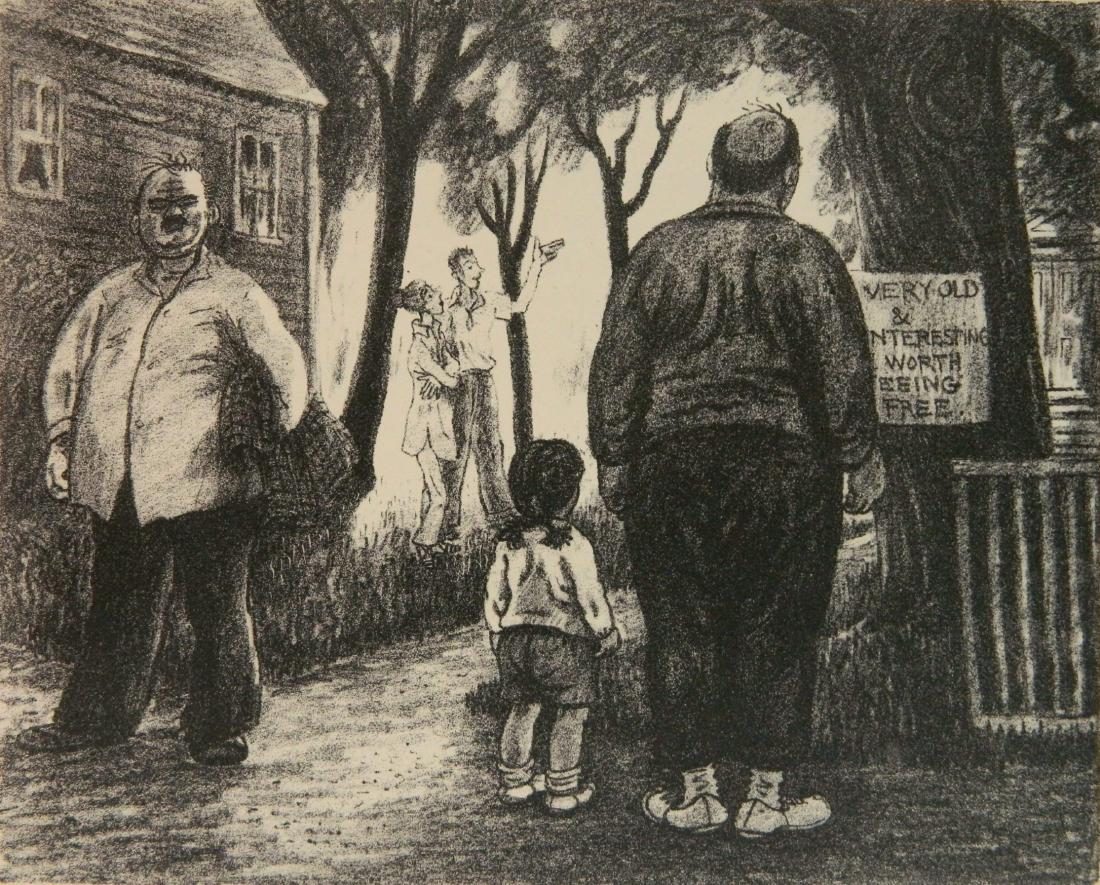 Peggy Bacon lithograph: Peggy Bacon (American 1895-1987)- ''The Sights of The Town'' (Flint 151)- lithograph, 1946, signed and titled in pencil, edition size unknown, very good condition. 8 3/8 x 10 3/8''