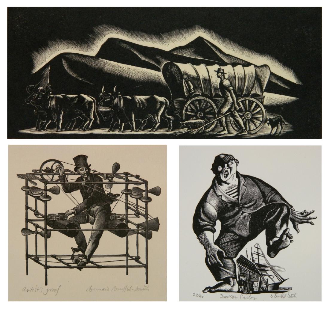 Bernard Brussel-Smith 3 wood engravings: Bernard Brussel-Smith (American 1914-1989) 3 wood engravings- 1.) ''Drunken Sailor'' (Teller 24)- 1945-46, signed, titled and numbered 27/40 in pencil; 2.) ''Four Yoke of Oxen, One Spotted Hog''- ca. 