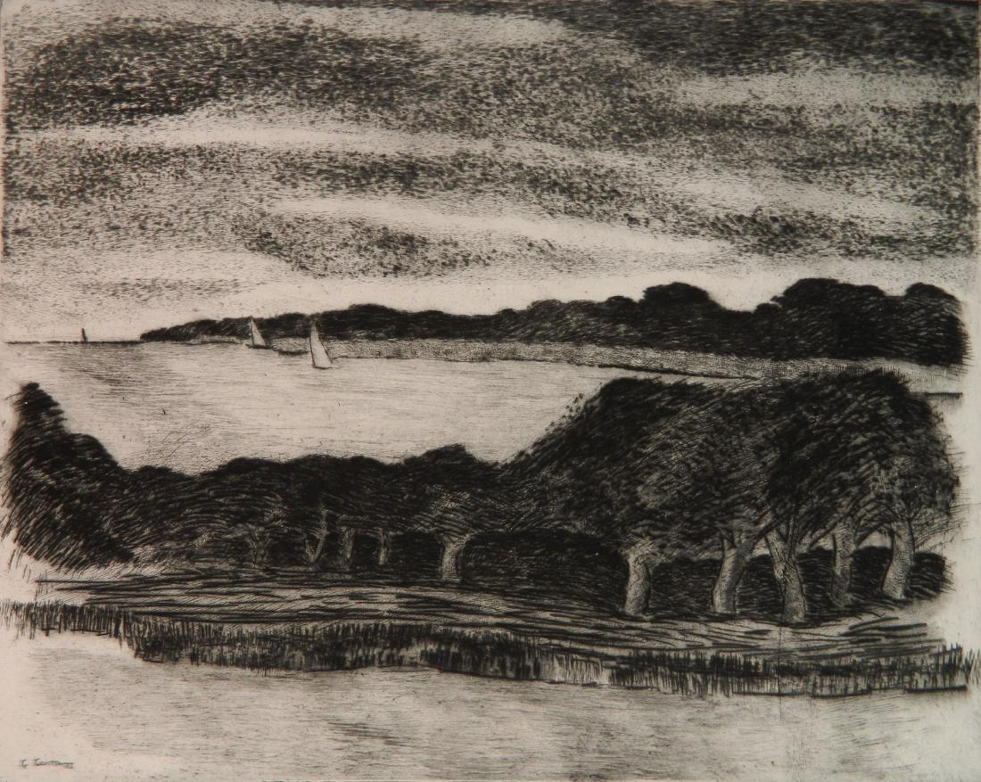 George Constant drypoint: George Constant (American 1892-1978)- ''Fisher's Island''- drypoint, signed in pencil, stamped 'Federal Art Project / NYC WPA'. 11 7/8 x 14 7/8''