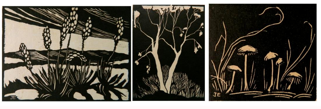 Jesse Jo Eckford 3 woodcuts: Jesse Jo Eckford (American 1895-1941)- ''Yucca''; ''Sycamores''; ''Toadstools''- 3 woodcuts, 1933 (2) and 1930, each signed, titled, dated and numbered in pencil, light paper toning and spots of foxin