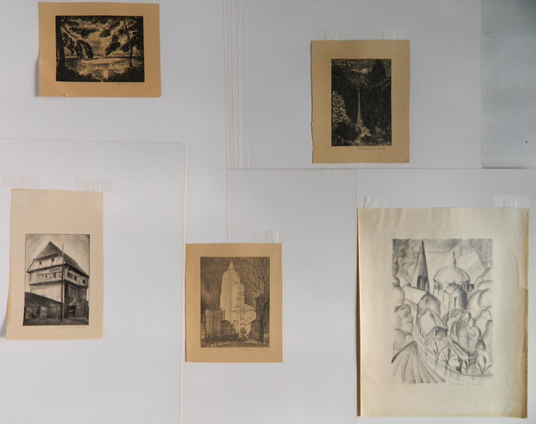 5 William Gisch lithographs: William Gisch (American 1906-1989)- ''Gatehouse''; ''Might Light Building''; Cubist Street Scene; ''Waterfall'' and ''Woodland Pond''- 5 lithographs, all signed in pencil, generally good condition, va