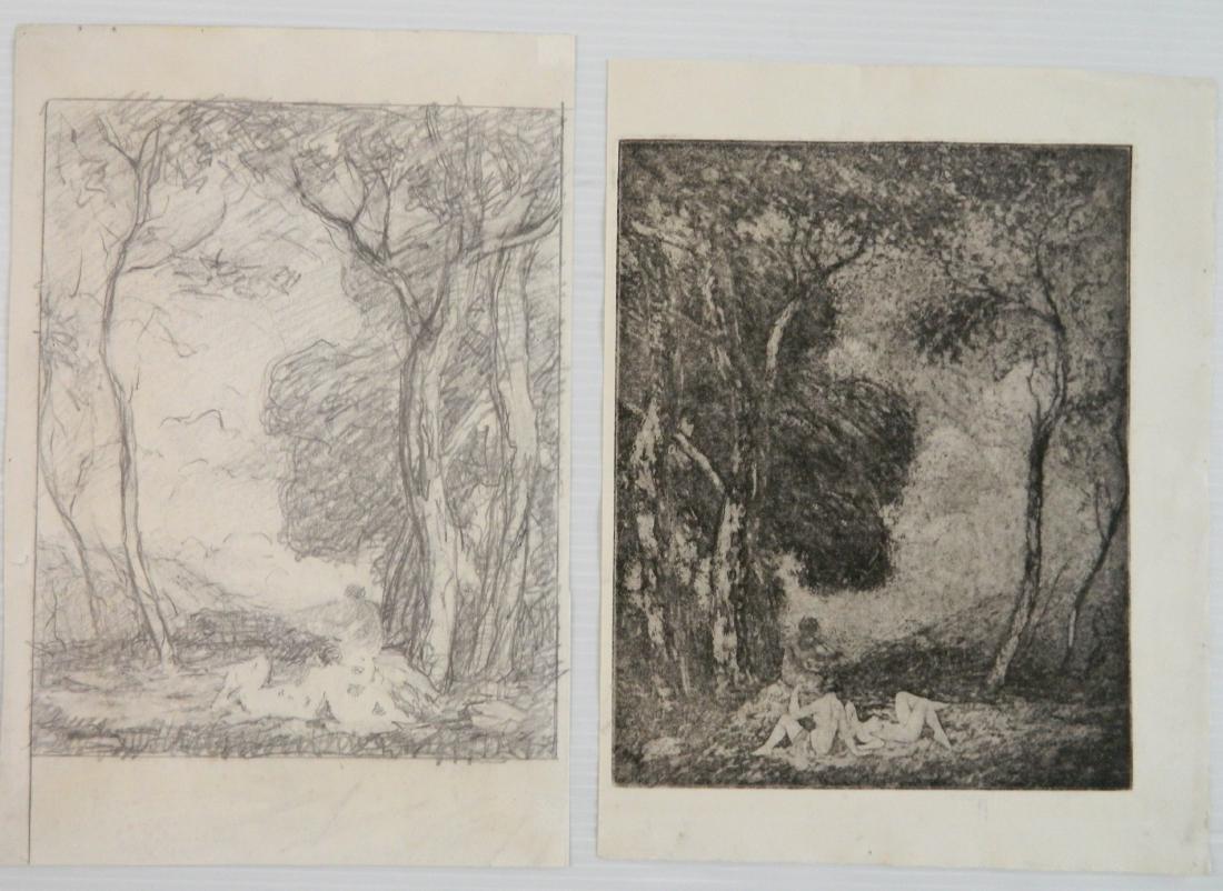 David W. Humphrey 2 works on paper: David W. Humphrey (American 1872-1950)- Pan; and Nymphs- 1 graphite on paper and 1 etching. 9 3/4 x 7 3/4''