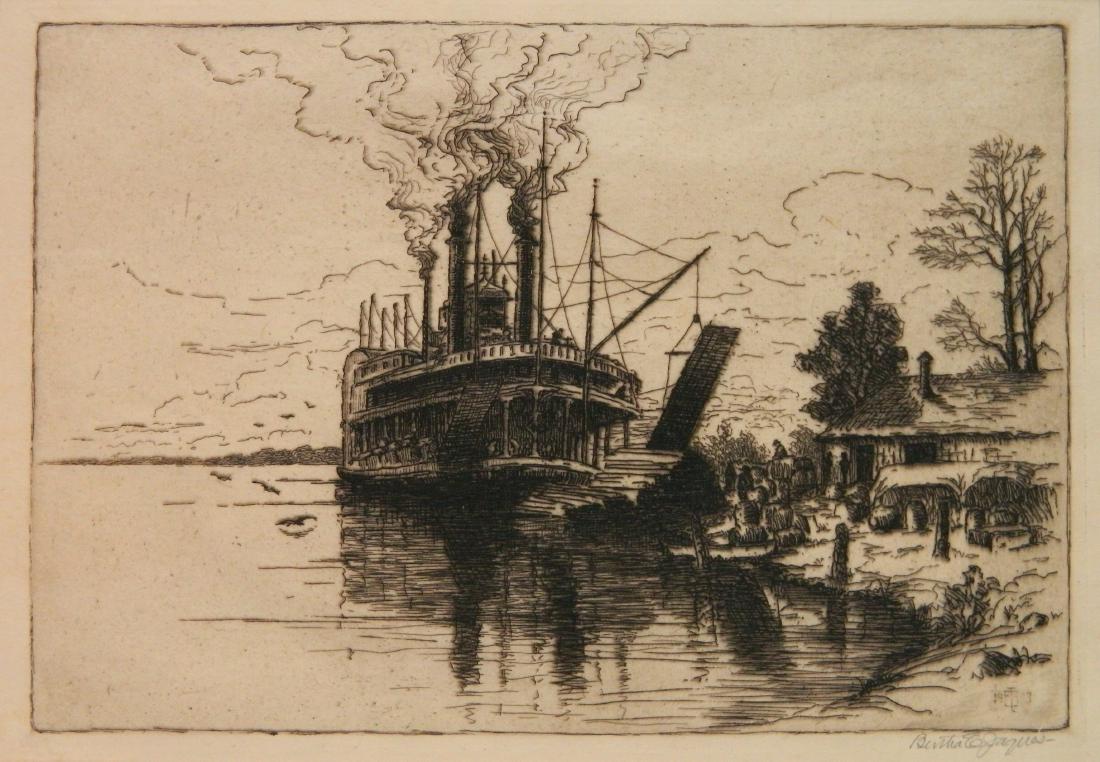 Bertha Jacques etching: Bertha Jacques (American 1863-1941)- ''Mississippi Steamboat Landing''- etching, 1903, signed in pencil. 6 1/2 x 9 1/2''