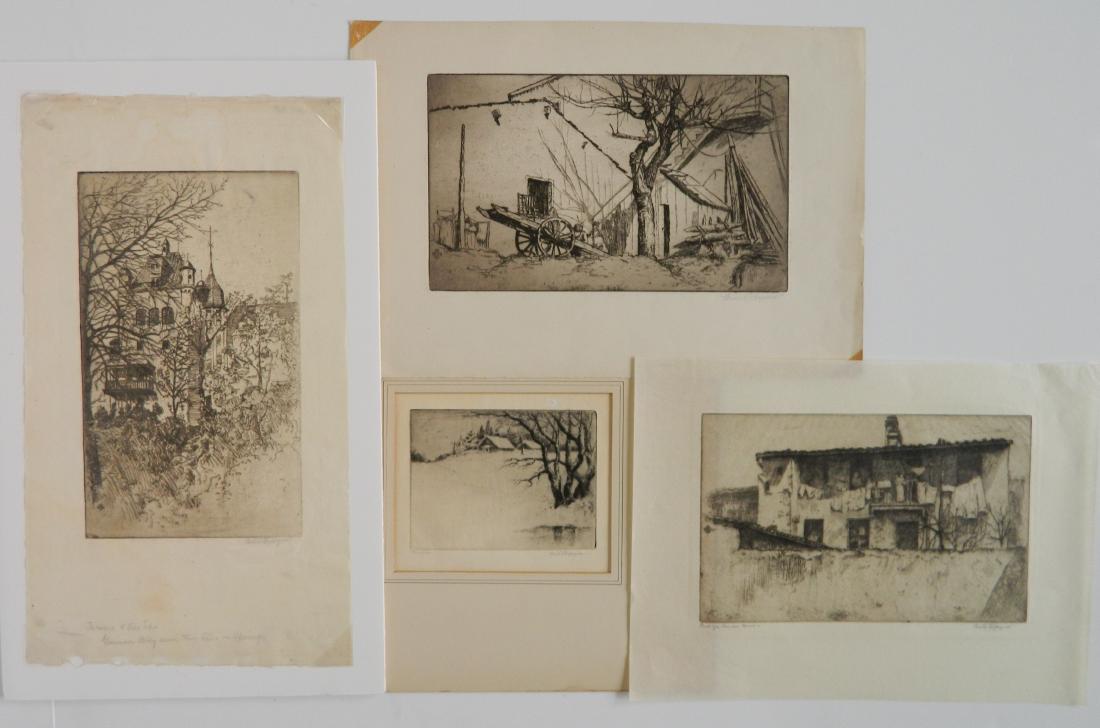 Bertha E. Jacques 4 etchings: Bertha E. Jacques (American 1863-1941) 4 etchings- 1.) ''Winter''- 1917, signed and titled in pencil, tiny pin hole in top margin, taped to mat with brown paper tape; 2.) ''A Sunny Corner''- signed in