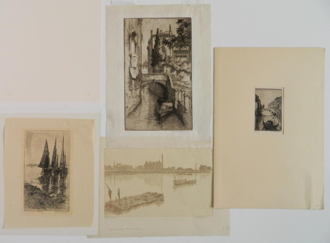 Bertha E. Jacques 4 etchings: Bertha E. Jacques (American 1863-1941) 4 etchings- 1.) ''A Golden Fog on Thames, London''- signed in pencil and inscribed 'To (illegible)'; 2.) ''Venice''- signed and titled in pencil; 3.) ''Three Fis