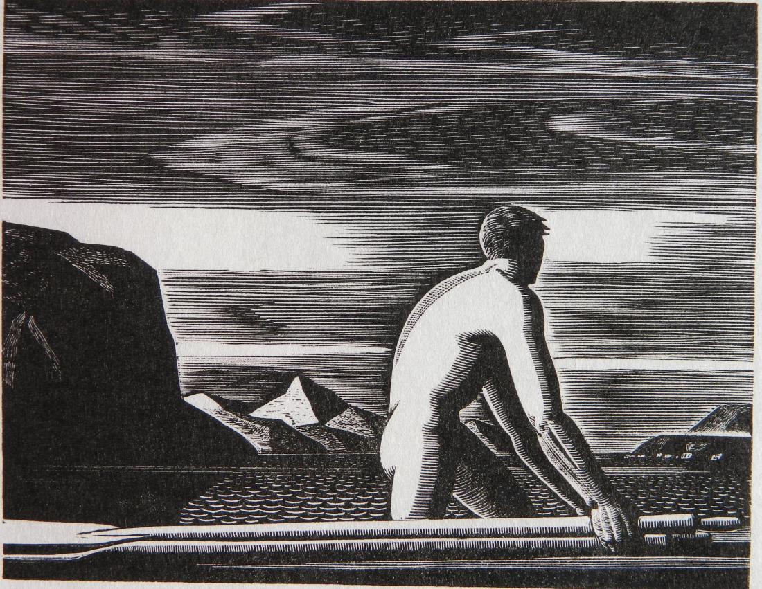Rockwell Kent wood engraving: Rockwell Kent (American 1882-1971)- ''Greenland Swimmer'' (Burne-Jones 90)- wood engraving, 1932, posthumous printing, very good condition. 5 1/2 x 7''