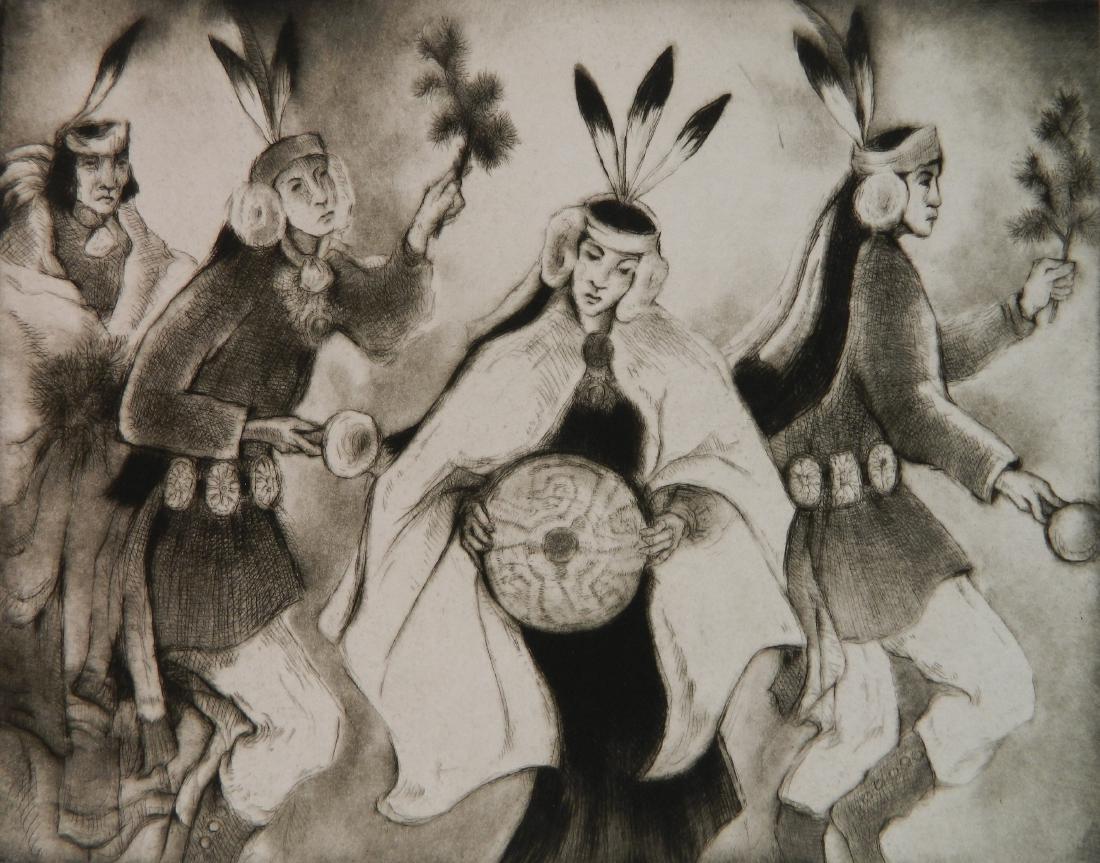 Gene Kloss etching, drypoint and aquatint: Gene Kloss (American 1903-1996)- ''On Christmas Day'' (Sanchez 581)- etching, drypoint and aquatint, 1979, signed, titled and annotated 'imp' and 'Artist's Proof' in pencil, proof aside from the editi