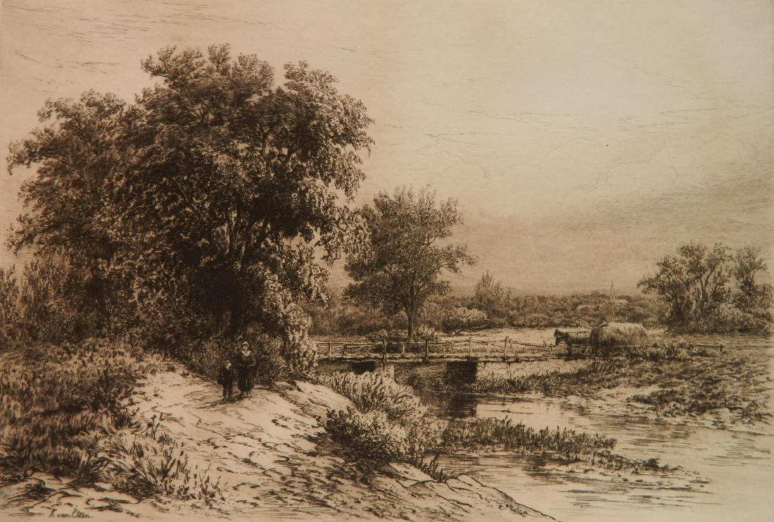 Henrick Kruseman van Elten etching: Henrick Kruseman van Elten (American 1829-1904)- Country Scene with Bridge- etching on heavy wove paper, signed in pencil, Ex Collection: Stephen Parrish, Maxfield Parrish Jr. (Not in Lugt). 11 3/4 x
