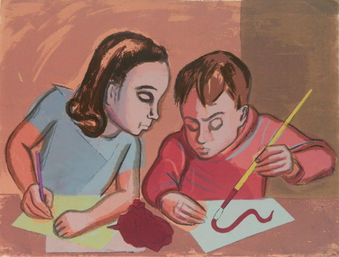 Joseph Leboit silkscreen: Joseph Leboit (American 1907-2002)- ''Curiosity''- silkscreen in color, ca. 1935-43, signed and titled in pencil, edition of 25, stamped NYC WPA Art Project, minor soiling and excess ink stains in mar