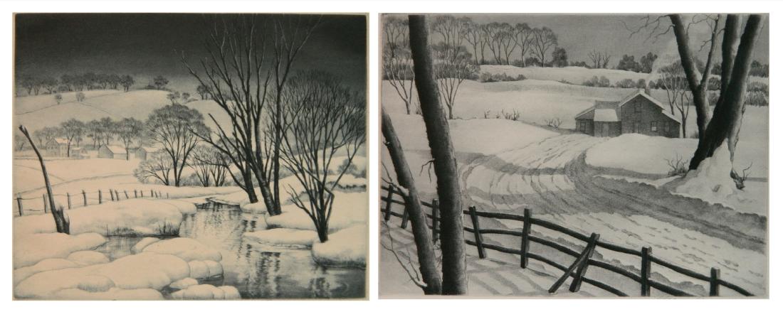 Samuel Margolies 2 aquatints: Samuel Margolies (American 1897-1974)- ''Winter Symphony''; ''Silent Symphony''- 2 aquatints (1 in color), both signed in pencil, slightly light struck, otherwise good condition. 8 x 9 7/8''; 8 5/8 x 