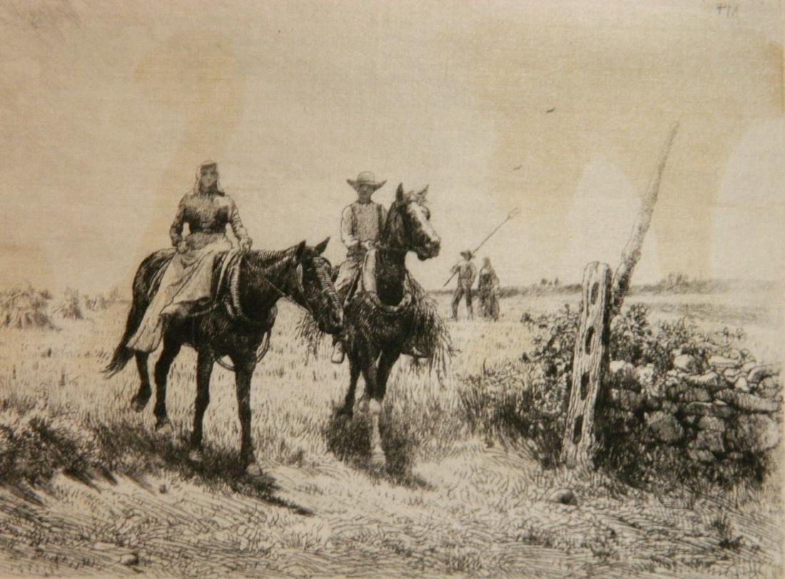 Peter Moran etching: Peter Moran (American 1841-1914)- ''Harvest Field'' (Wright 79)-etching on silk, 1884-85, signed in pencil, stains throughout. 5 x 7''