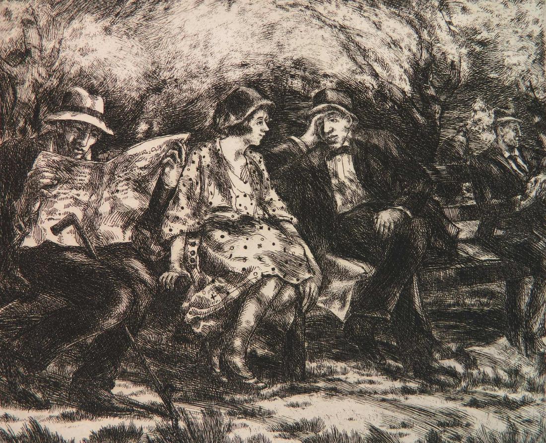 Martin Petersen etching: Martin Petersen (Danish-American 1866-1956)- ''In Central Park'' (Kramer 131)- etching, 1938, initialed and dated, titled and annotated 'Trial 6' in pencil. 10 x 11 3/4''