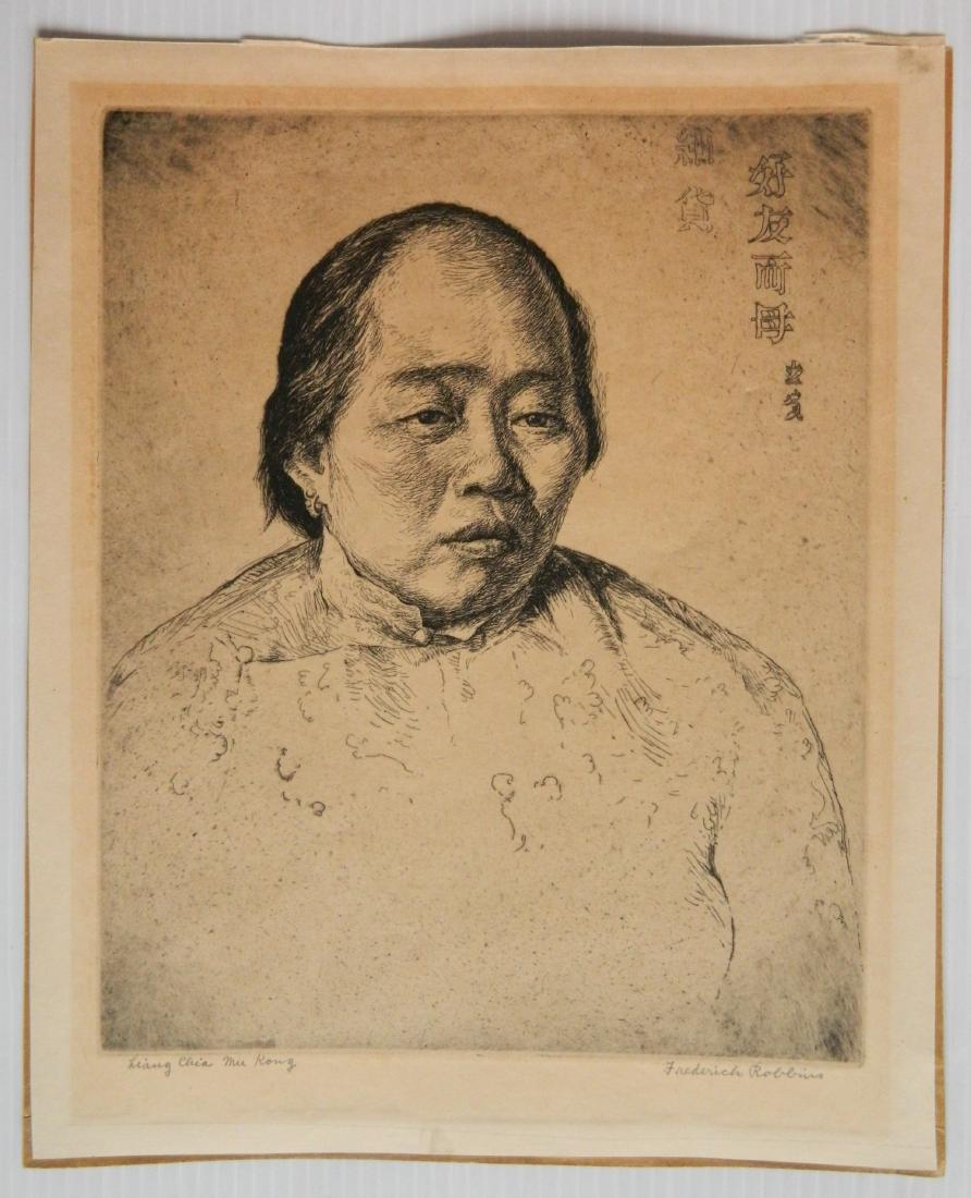 Frederick Goodrich Robbins etching: Frederick Goodrich Robbins- ''Liang China Mu Kong''- etching, signed and titled in pencil, light struck with old tape remnants throughout edges of verso. 10 1/4 x 8 3/8''