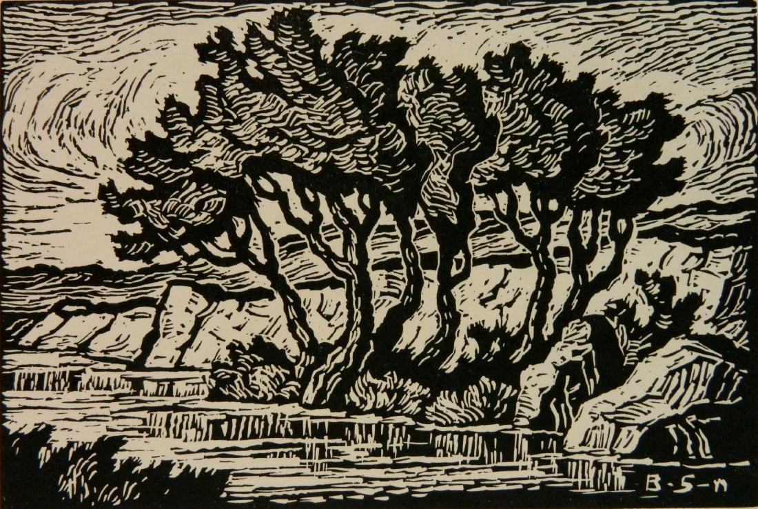 Birger Sandzen linocut: Birger Sandzen (American 1871-1954)- ''Kansas Creek'' (Greenough 78)- linocut, 1936, signed and titled in pencil. 5 7/8 x 8 7/8''