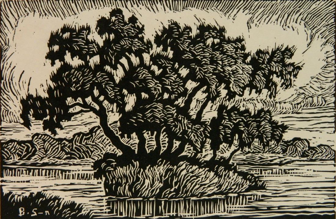 Birger Sandzen linocut: Birger Sandzen (American 1871-1954)- ''The Willow Pond'' (Greenough 64)- linocut, 1930, signed and titled in pencil. 5 7/8 x 8 7/8''