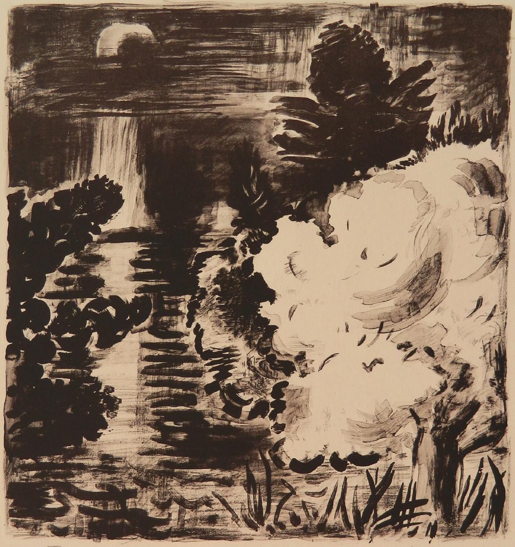Karl Schrag lithograph: Karl Schrag (American 1912-1995)- ''Flowering Tree - Moonlight''- lithograph on Somerset paper, 1990, signed, dated and titled in pencil, edition of 260, The Print Club of Cleveland publication no. 69