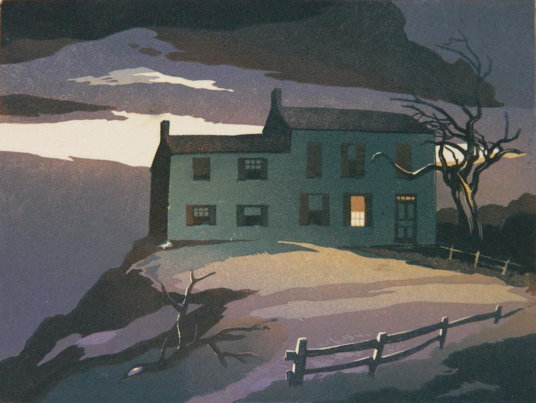 Ernest Watson wood engraving: Ernest W. Watson (American 1884-1969)- ''Once Upon a Midnight Dreary''- wood engraving in color, 1943, signed in pencil, edition of 200 for the Woodcut Society, in original folder, staining by left ch