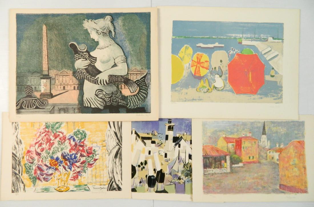 5 Contemporary lithographs: 5 Contemporary lithographs- 1.) Susann Du Champ- ''Anemones'' 2.) Claude Schurr- Village Scene 3.) Shungo Sekiguchi- ''Le Village'' 4.) Pierre Paulue- ''Sur la Plage'' 5.) Alice Halicka- ''Place de la