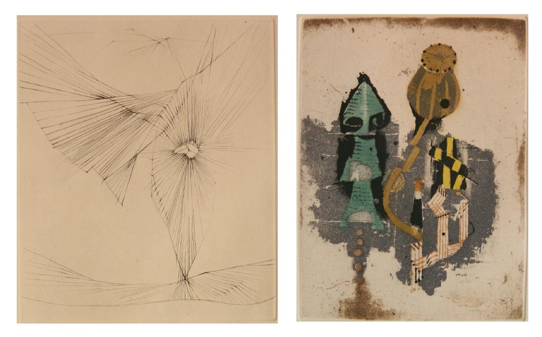 Hans Bellmer etching: 2 Contemporary etchings- 1.) Hans Bellmer (French 1902-1975)- Untitled- etching, signed and numbered 11/50 in pencil, handling creases otherwise good condition. 5 1/4 x 4 1/2'' 2.) Johnny Friedlaender