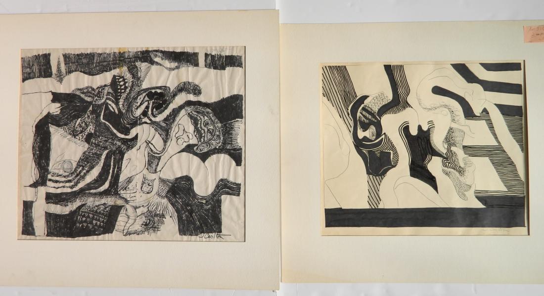 Jack Carlton 2 pen and ink: Jack Carlton (American 20th c.)- ''Drawing #1''; ''Drawing #2''- 2 pen and ink on paper, each signed J. Carlton, #1 also signed J. Carlton on verso, #1 with staining upper center, minor foxing and cre