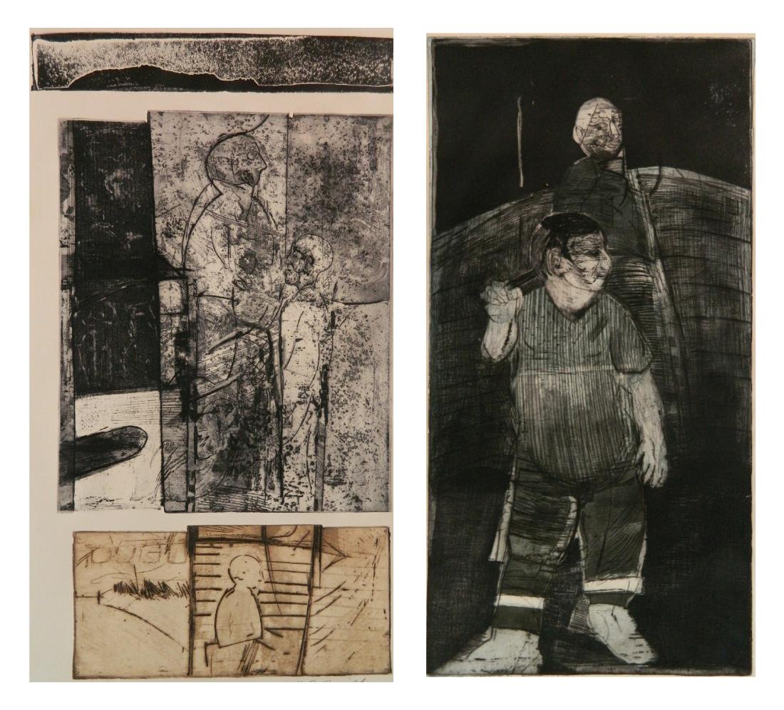 2 Herbert C. Cassill etchings: Herbert C. Cassill (American 1928-2008)- ''Tells Judgement- Step Down'' and ''Whipsnack Views the Yout''- 2 etchings, both signed, titled and numbered 4/20 in pencil, slightly light struck. 27 5/8 x 1