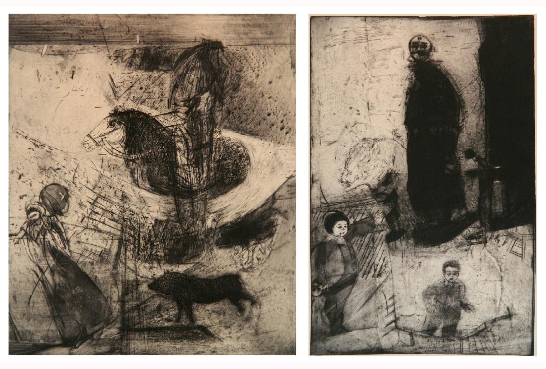 2 Herbert C.Cassill etchings: Herbert C. Cassill (American 1928-2008)- ''The Big Doll Dreams'' and ''New World and Old''- 2 etchings, both signed, titled and numbered in pencil, some mat burn and old tape remnants on edges. 20 7/8