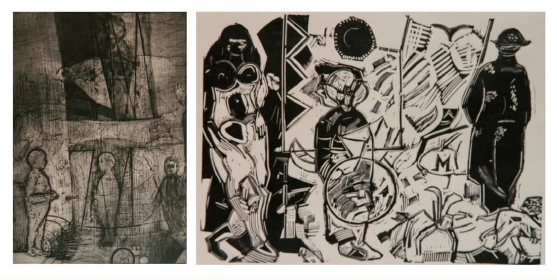 2 Herbert C. Cassill prints: Herbert C. Cassill (American 1928-2008)- ''Appartion of the Other Brother'' and ''Turning Point''- 1 etching and 1 woodcut, both signed, titled and numbered in pencil, good condition. 28 x 19 3/4''; 7