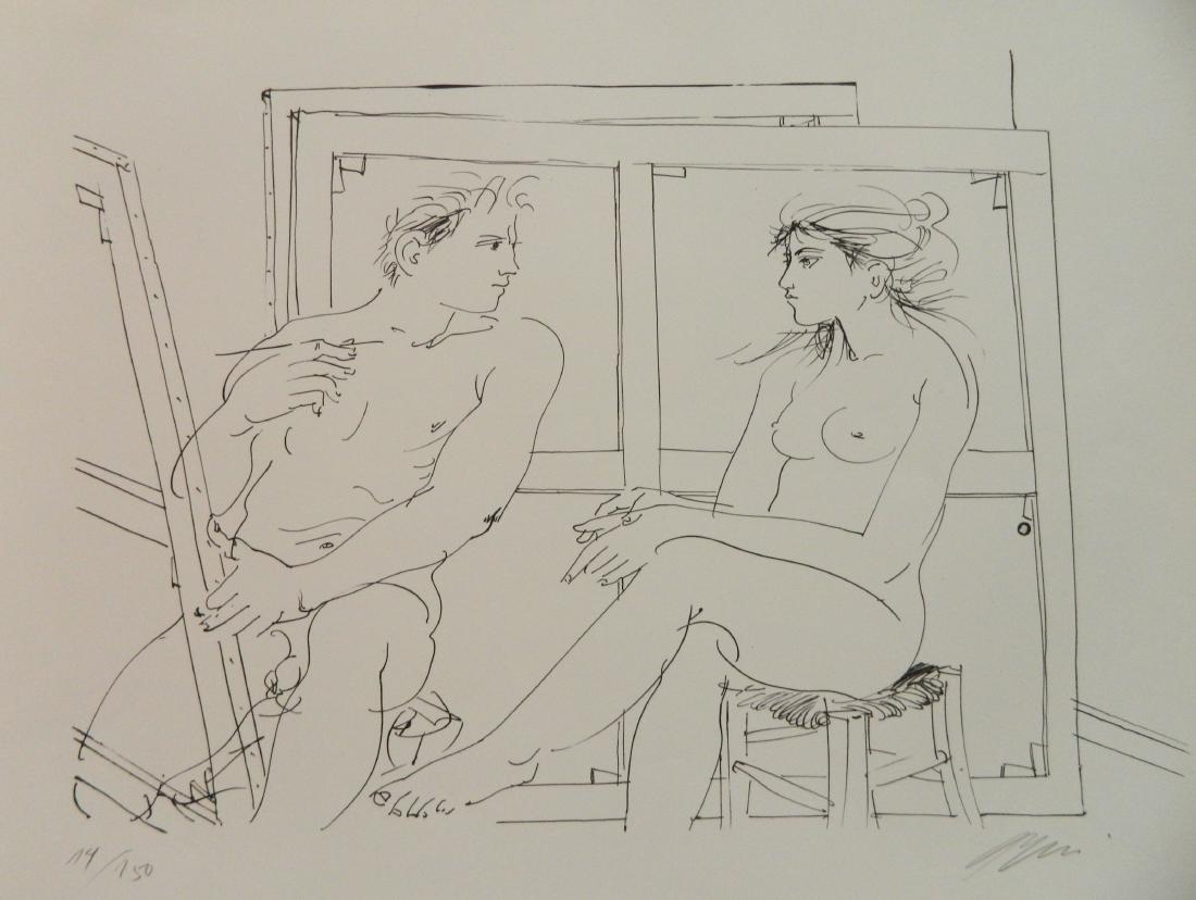 Hans Erni lithograph: Hans Ernni (Swiss 1909-2015)- ''Painter and His Model''- lithograph, signed and numbered 14/150 in pencil, good condition. 16 x 23''