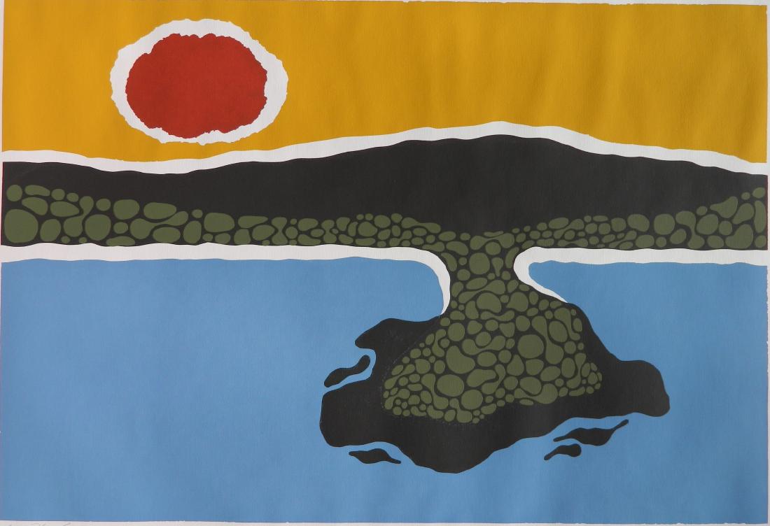 Richard Farguhon silkscreen: Richard Farguhon (American 20th c.)- ''By The Sea''- silkscreen, 1969, signed, titled, dated and numbered 17/50 in pencil, two tape hinges top recto otherwise good condition. 13 7/8 x 20 3/8''