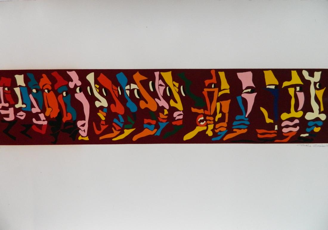 Dale Goode silkscreen: Dale Goode (American 20th c.)- Untitled- silkscreen in colors, 1975, signed, dated and numbered 63/100 in ink, aged toned especially on verso otherwise good condition. 9 1/4 x 41 3/4"