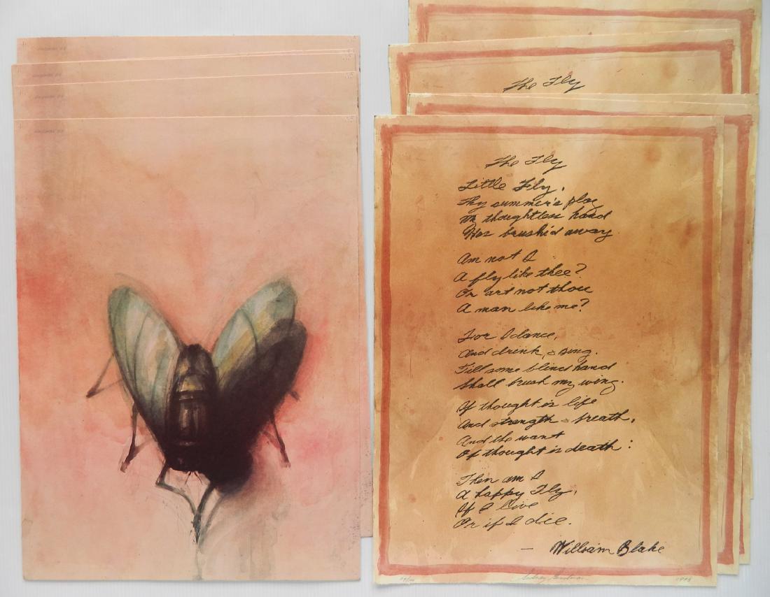 Sidney Goodman lithographs: Sidney Goodman (American 1936-2013)- ''The Fly''- off-set lithograph in color, 1993, 5 prints of the image page, 5 prints of the text page with poem by William Blake, all signed, dated and numbered in