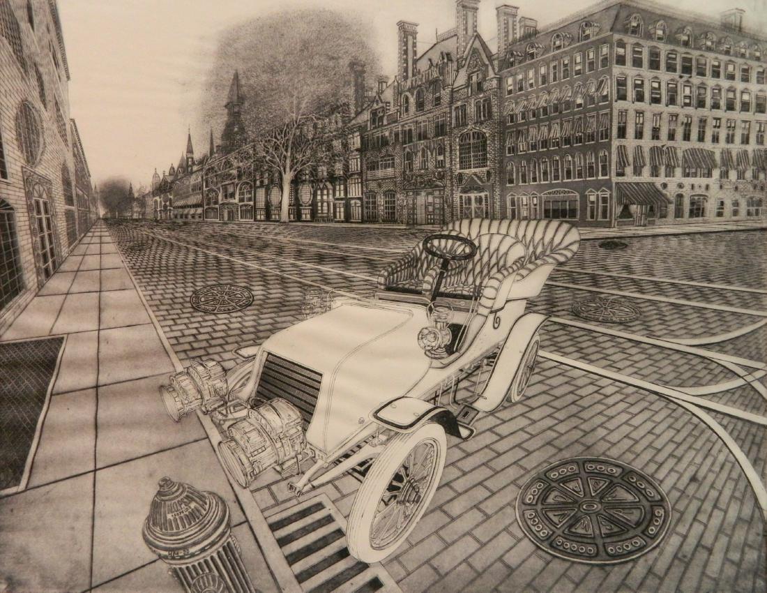 Bruce Mc Combs etching: Bruce McComb (American 1943- )- ''Avenue''- etching, 1978, signed, dated, titled and numbered 59/150 in pencil. 21 3/4 x 27 3/4''