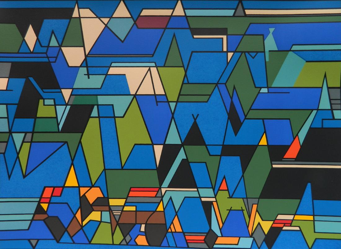 Leon Gordon Miller silkscreen: Leon Gordon Miller (American 1917-1997)- ''African Landscape III''- silkscreen in colors, signed, titled and annotated 'A. P.' in pencil, paper age toned. 22 x 16''