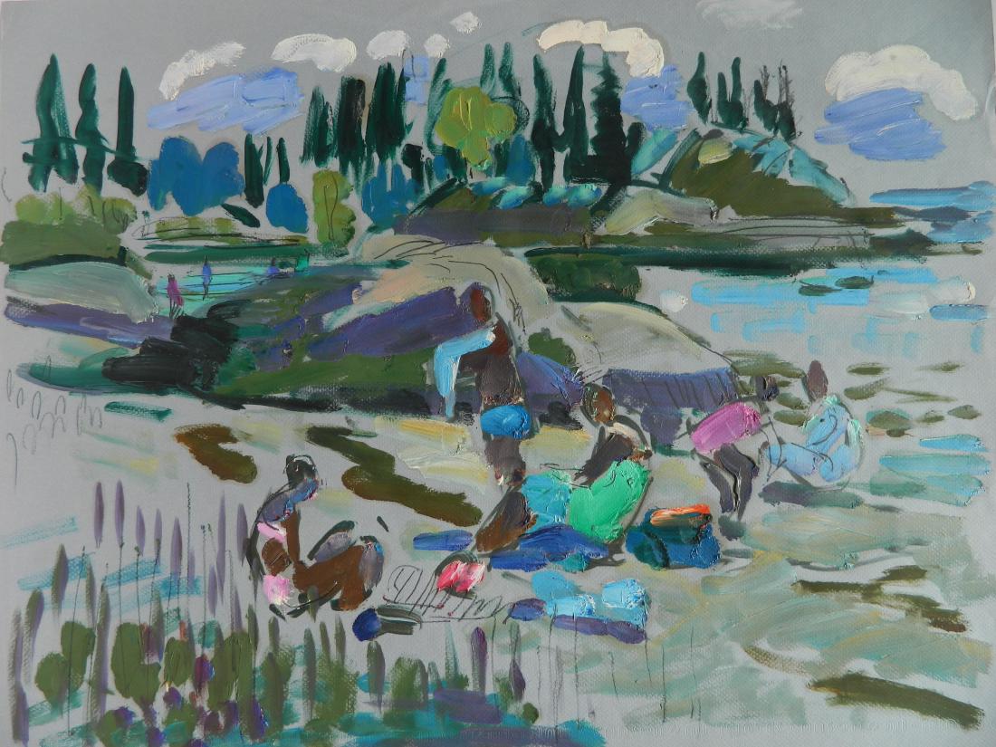 Joseph B. O'Sickey oil on paper: Joseph B. O'Sickey (American 1918-2013)- ''Picnic on Beach''- oil and marker on paper, estate numbered verso, very good condition. 19 1/2 x 25 1/2''