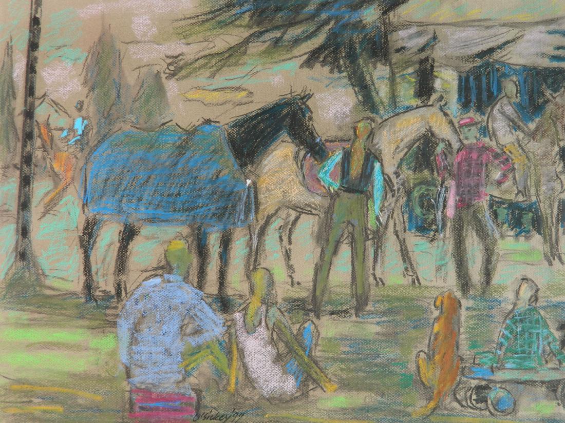 Joseph B. O'Sickey pastel: Joseph B. O'Sickey (American 1918-2013)- Spectators at Race Track- pastel on brown paper, 1999, signed O'Sickey lower center, estate numbered verso, very good condition. 19 1/4 x 25 1/2''