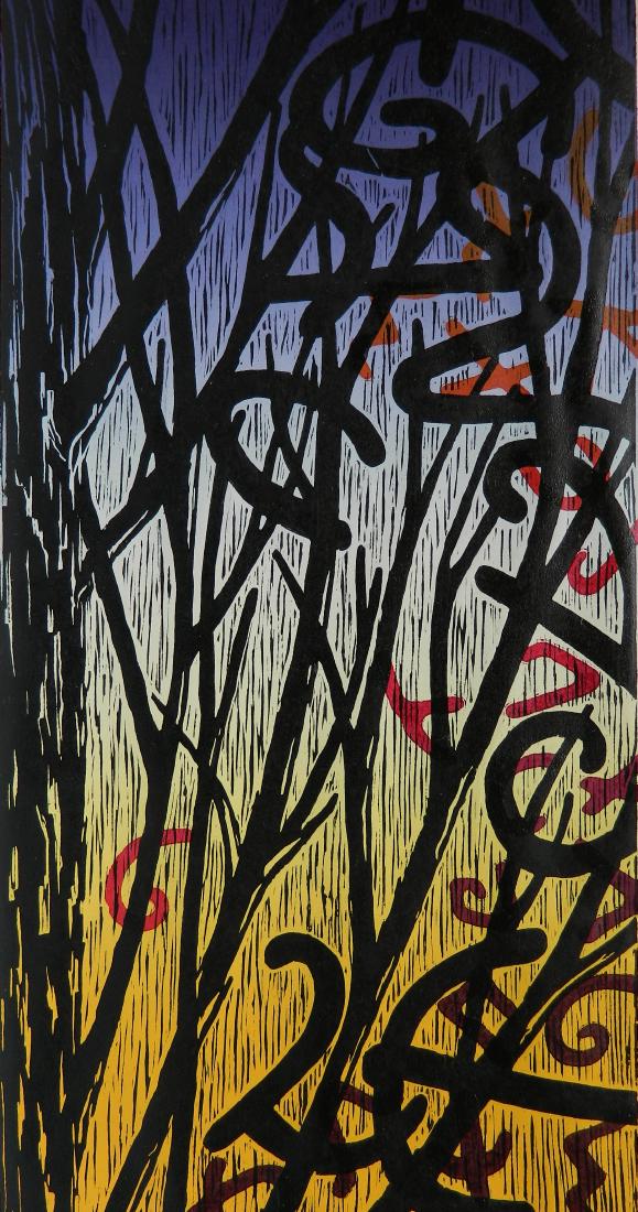 Lisa Schonberg woodcut: Lisa Schonberg (American 20th c.)- ''Tree Sounds''- woodcut in colors, signed, titled and numbered 16/18 in pencil, very good condition. 18 1/4 x 9 1/8''