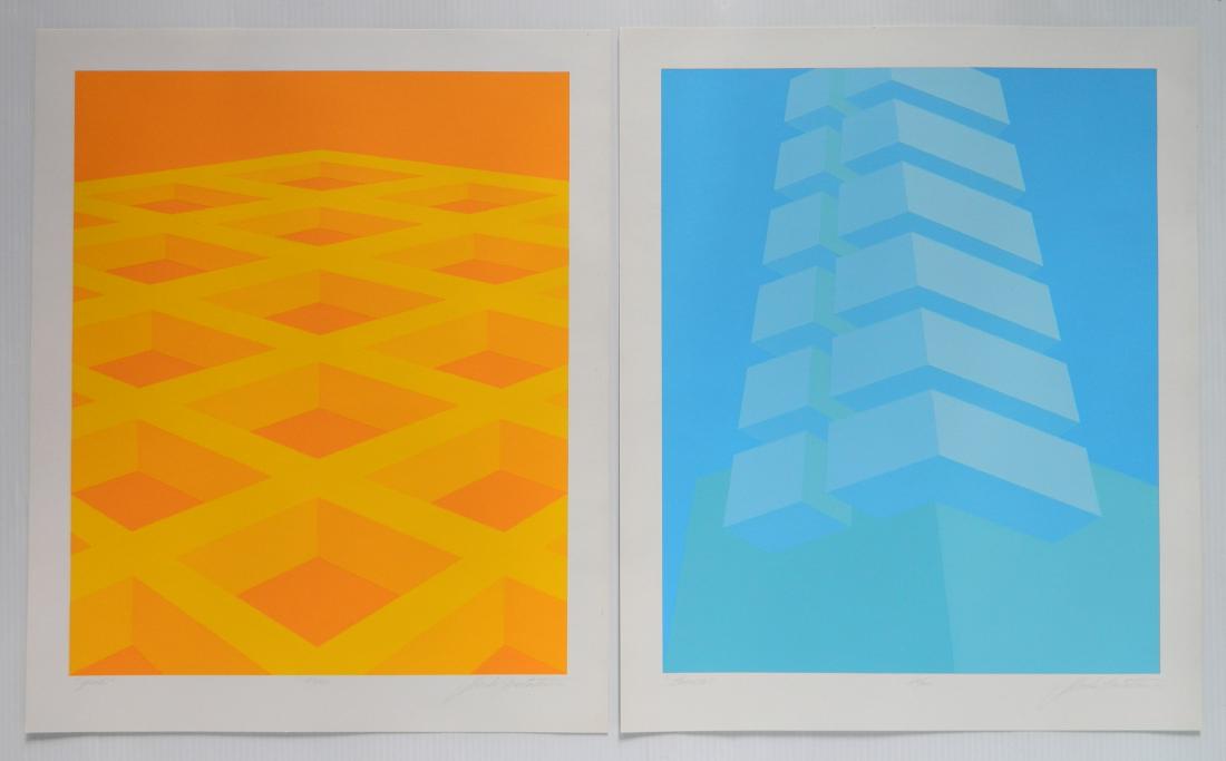 Marko Spalatin silkscreens: Marko Spalatin (American 1945- )- ''Grid'' and ''Tower''- 2 silkscreens in color, both signed, titled and numbered 25/50 in pencil, some foxing throughout. 18 x 14 7/8'' ea.
