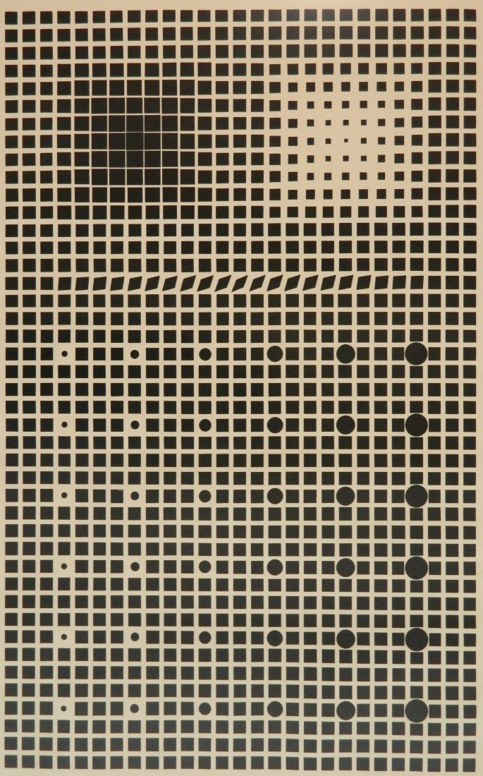2 Victor Vasarely silkscreens: Victor Vasarely (Hungarian 1906-1997)- ''Supernovae''- silkscreen (2 copies), ca. 1961, as published by the Tate Gallery, both laid down. 33 x 20 1/4''