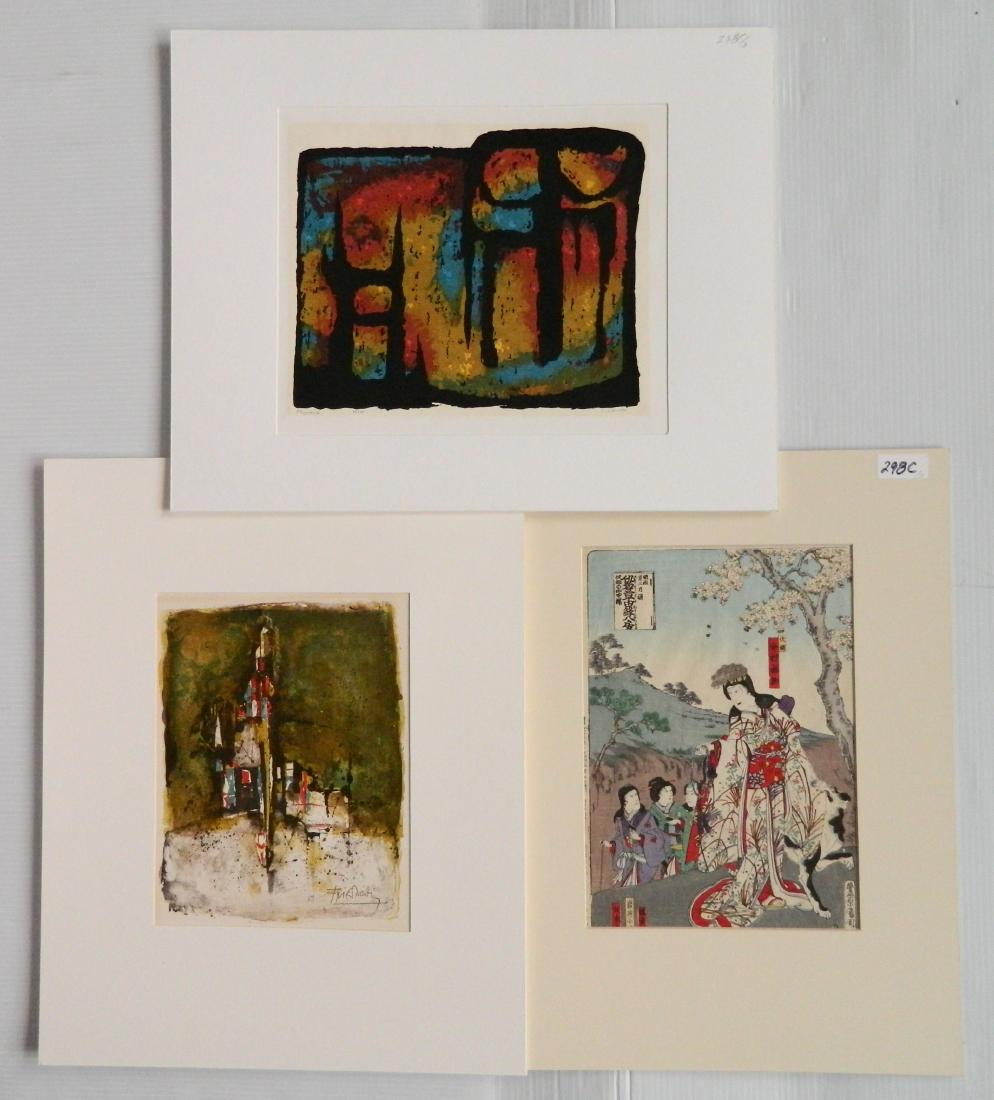 3 Prints: 3 Prints- 1.) Johnny Friedlander- Untitled- lithograph in color, window from mat, light glue residue and stain throughout verso, minor foxing, 10 1/2 x 8 1/4''; 2.) Edward Landon- ''Phoenix''- silkscr